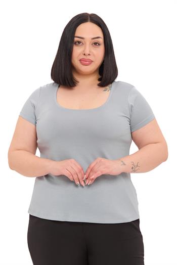 Büyük Beden U Yaka Kısa Kollu Viskon Açık Gri Body