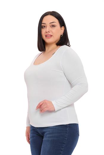Büyük Beden U Yaka Uzun Kollu Viskon Beyaz Body