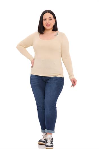 Büyük Beden U Yaka Uzun Kollu Viskon Bej Rengi Body