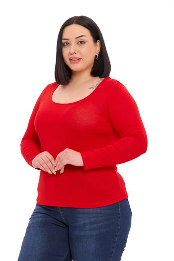 Büyük Beden U Yaka Uzun Kollu Viskon Kırmızı Body
