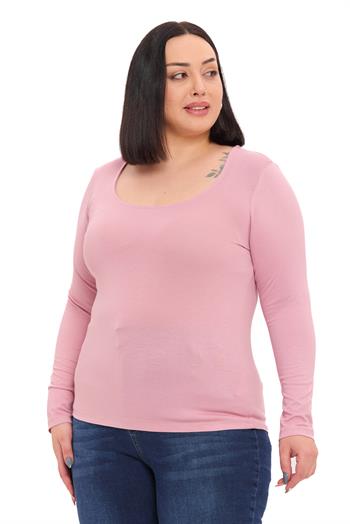 Büyük Beden U Yaka Uzun Kollu Viskon Pembe Body