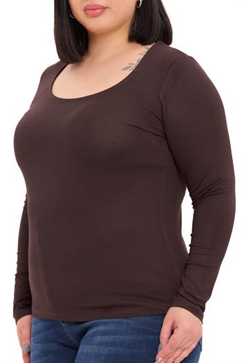 Büyük Beden U Yaka Uzun Kollu Viskon Kahverengi Body