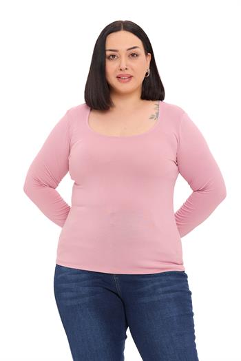 Büyük Beden U Yaka Uzun Kollu Viskon Pembe Body