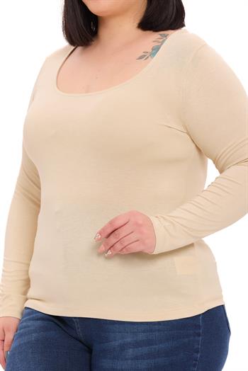 Büyük Beden U Yaka Uzun Kollu Viskon Bej Rengi Body