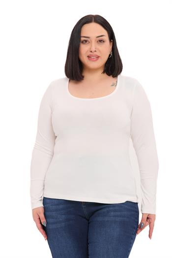Büyük Beden U Yaka Uzun Kollu Viskon Ekru Body
