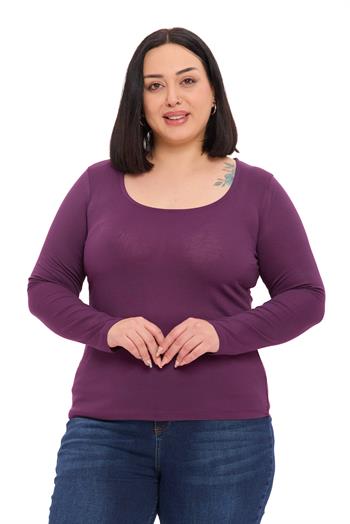 Büyük Beden U Yaka Uzun Kollu Viskon Mürdüm Body
