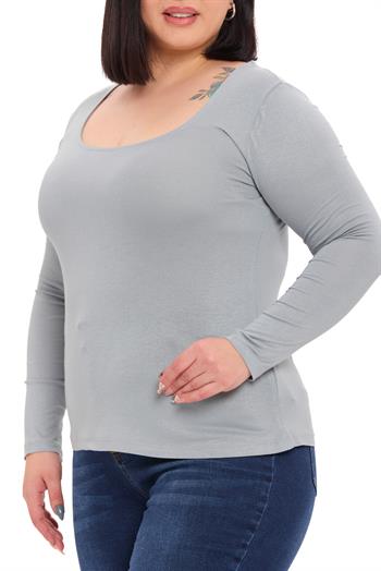 Büyük Beden U Yaka Uzun Kollu Viskon Açık Gri Body
