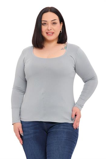 Büyük Beden U Yaka Uzun Kollu Viskon Açık Gri Body
