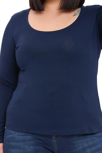 Büyük Beden U Yaka Uzun Kollu Viskon Lacivert Body