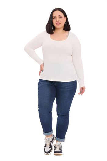 Büyük Beden U Yaka Uzun Kollu Viskon Ekru Body