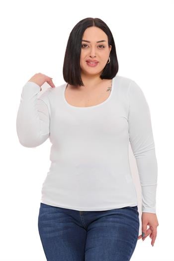 Büyük Beden U Yaka Uzun Kollu Viskon Beyaz Body