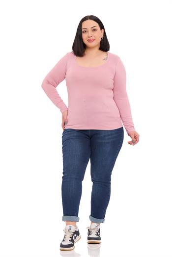 Büyük Beden U Yaka Uzun Kollu Viskon Pembe Body
