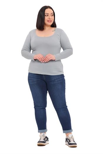 Büyük Beden U Yaka Uzun Kollu Viskon Açık Gri Body