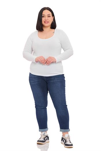 Büyük Beden U Yaka Uzun Kollu Viskon Beyaz Body