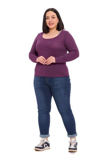Büyük Beden U Yaka Uzun Kollu Viskon Mürdüm Body