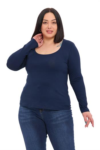 Büyük Beden U Yaka Uzun Kollu Viskon Lacivert Body