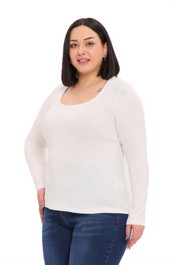 Büyük Beden U Yaka Uzun Kollu Viskon Ekru Body