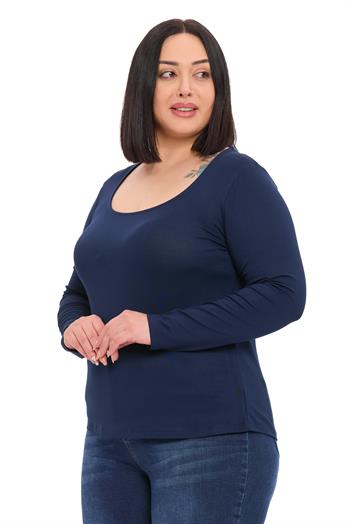 Büyük Beden U Yaka Uzun Kollu Viskon Lacivert Body