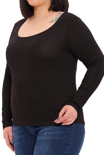 Büyük Beden U Yaka Uzun Kollu Viskon Siyah Body