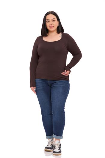 Büyük Beden U Yaka Uzun Kollu Viskon Kahverengi Body