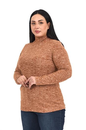 Büyük Beden Yarım Balıkçı Uzun Kollu Triko Çizgili Kahverengi Body