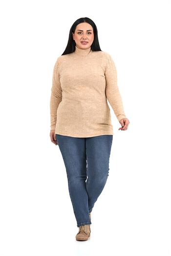 Büyük Beden Yarım Balıkçı Uzun Kollu Triko Çizgili Bej Rengi Body