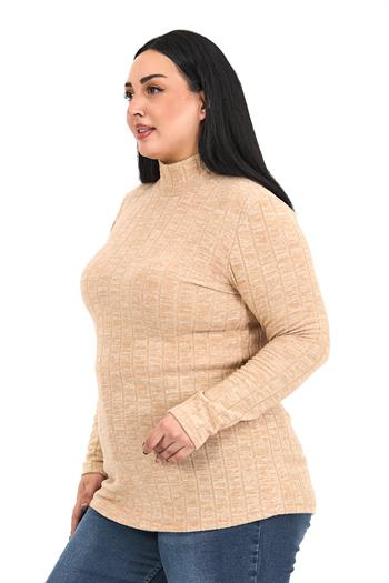 Büyük Beden Yarım Balıkçı Uzun Kollu Triko Çizgili Bej Rengi Body