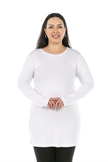 Büyük Beden Yuvarlak Yaka Uzun Kollu Viskon Uzun Beyaz Body