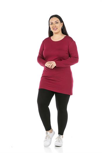 Büyük Beden Yuvarlak Yaka Uzun Kollu Viskon Uzun Bordo Body