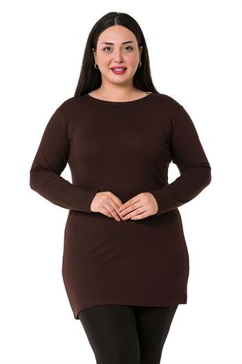 Büyük Beden Yuvarlak Yaka Uzun Kollu Viskon Uzun Kahverengi Body