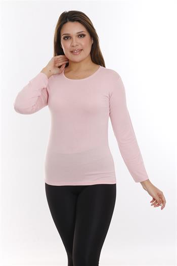 Büyük Beden Yuvarlak Yaka Uzun Kollu Viskon Pembe Body