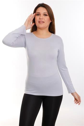Büyük Beden Yuvarlak Yaka Uzun Kollu Viskon Gri Body