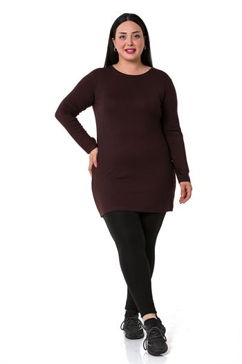 Büyük Beden Yuvarlak Yaka Uzun Kollu Viskon Uzun Kahverengi Body