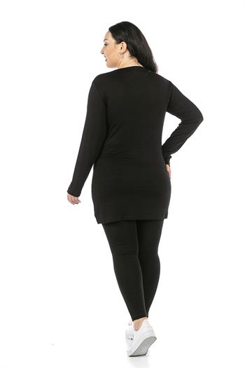 Büyük Beden Yuvarlak Yaka Uzun Kollu Viskon Uzun Siyah Body