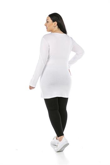 Büyük Beden Yuvarlak Yaka Uzun Kollu Viskon Uzun Beyaz Body