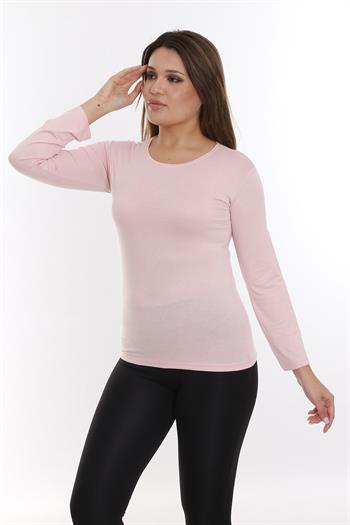 Büyük Beden Yuvarlak Yaka Uzun Kollu Viskon Pembe Body