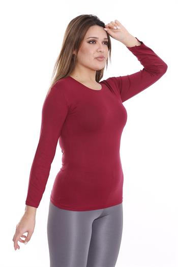 Büyük Beden Yuvarlak Yaka Uzun Kollu Viskon Bordo Body