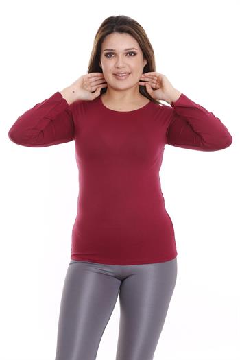 Büyük Beden Yuvarlak Yaka Uzun Kollu Viskon Bordo Body