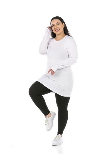 Büyük Beden Yuvarlak Yaka Uzun Kollu Viskon Uzun Beyaz Body