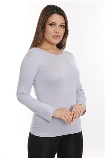 Büyük Beden Yuvarlak Yaka Uzun Kollu Viskon Gri Body
