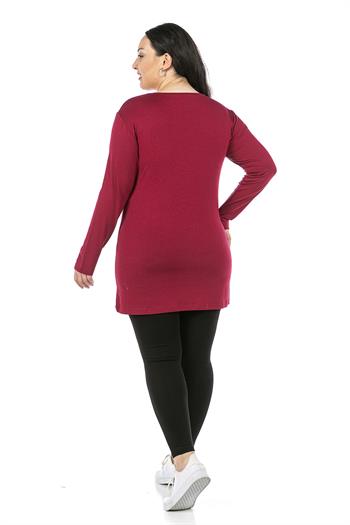 Büyük Beden Yuvarlak Yaka Uzun Kollu Viskon Uzun Bordo Body
