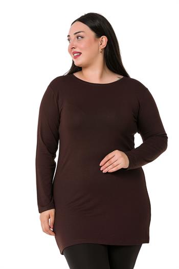 Büyük Beden Yuvarlak Yaka Uzun Kollu Viskon Uzun Kahverengi Body