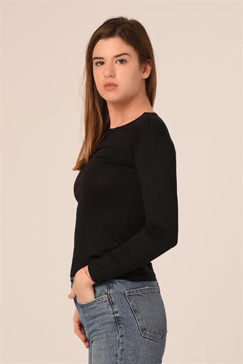 Yuvarlak Yaka Uzun Kollu Pamuklu Siyah Body