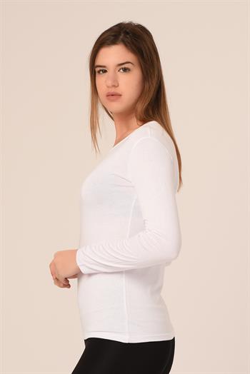 Yuvarlak Yaka Uzun Kollu Pamuklu Beyaz Body