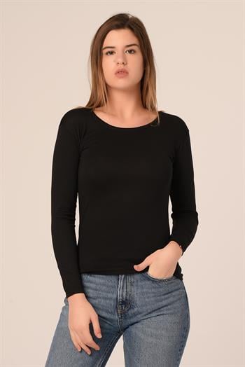 Yuvarlak Yaka Uzun Kollu Pamuklu Siyah Body
