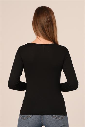 Yuvarlak Yaka Uzun Kollu Pamuklu Siyah Body