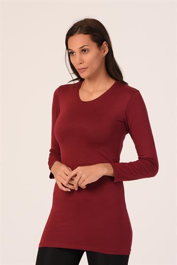 Yuvarlak Yaka Uzun Kollu Viskon Uzun Bordo Body