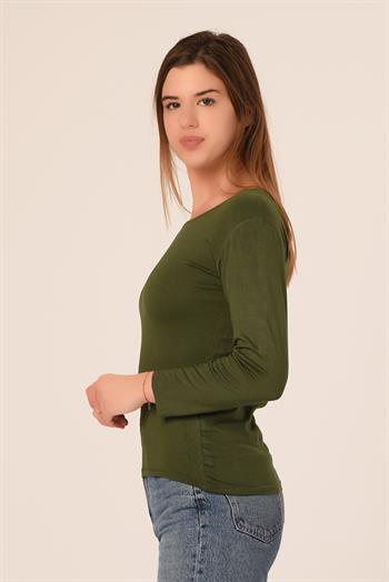 Yuvarlak Yaka Uzun Kollu Viskon Haki Body