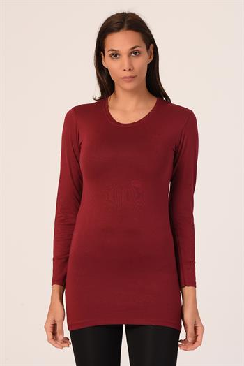 Yuvarlak Yaka Uzun Kollu Viskon Uzun Bordo Body