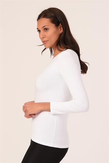 Yuvarlak Yaka Uzun Kollu Viskon Beyaz Body